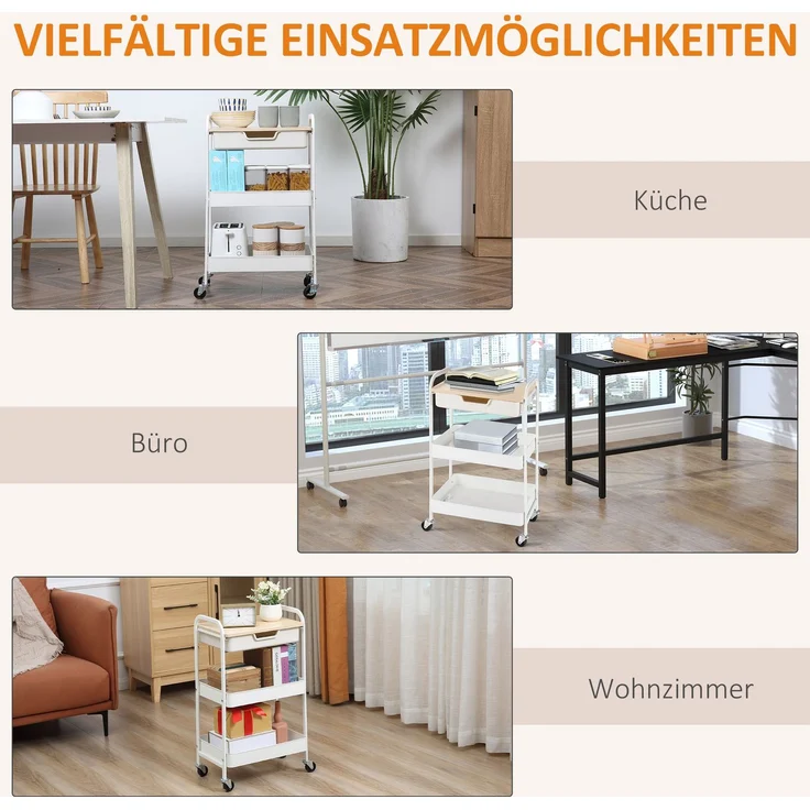 Rollbarer Küchenwagen, 2 Regale, Schublade, Ablage, 4 Rollen, Griffe, Stahl, Weiß--Weiß--43.9x30.5x75.6cm--YOUDENOVA – Bild 9