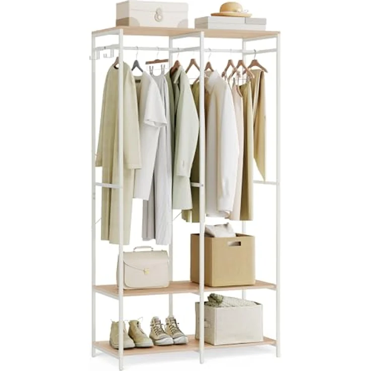 SONGMICS Kleiderschrank offen, Kleiderständer, Garderobenständer, Garderobe mit Kleiderstange, Ablagen, abnehmbare Haken, 40 x 94,5 x 180 cm, naturbeige RGR004W67 – Bild 2