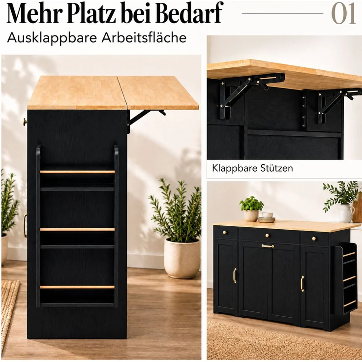 Sideboard 136x65x90 cm mit 3 Schubladen und 2 Türen – MDF, Schwarz und Natur – Bild 9