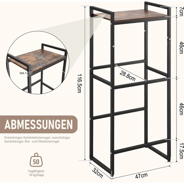 Home Nature Wohnkonzept Getränkekistenregal für 2 Kisten mit Ablage, stehend und schmal, Metall, Schwarz, 116,5x32x47cm – Bild 2