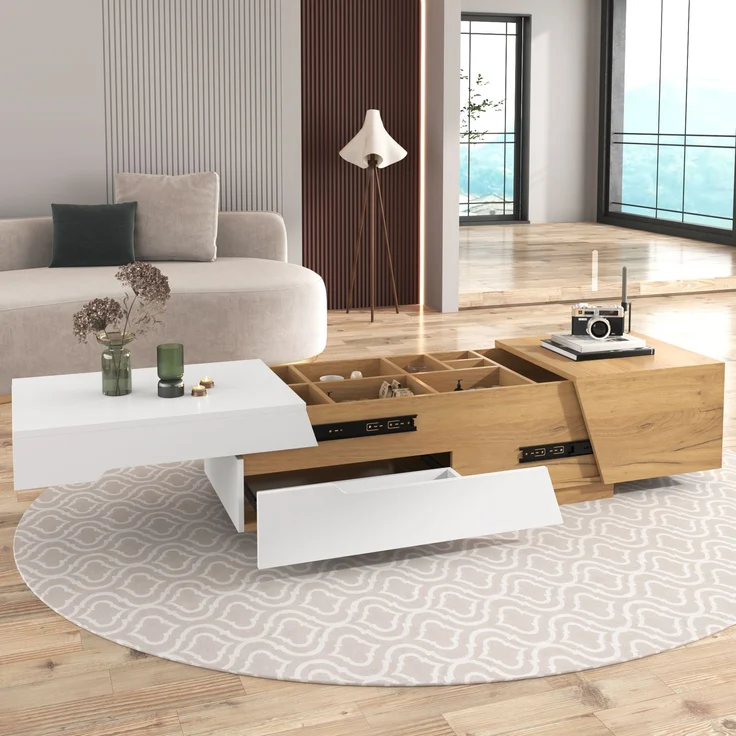 Couchtisch verschiebbar mit Stauraum 120x50 cm MDF Modern Wohnzimmer Tisch Weiß+Holzfarbe – Bild 1