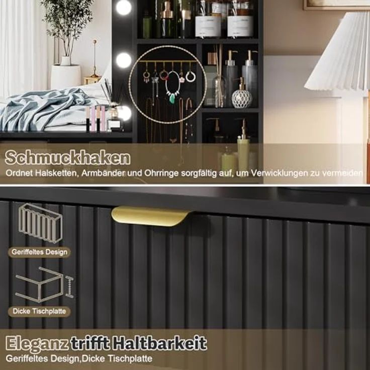 JUMMICO 114cm Großer Schminktisch mit großem Spiegel und LED-Leuchten, Schminktisch mit 5 Schubladen, 7 offene Regale, 7 Häkchen, Kosmetiktisch für Mädchen, Frauen und Schlafzimmer, Obsidianschwarz – Bild 5