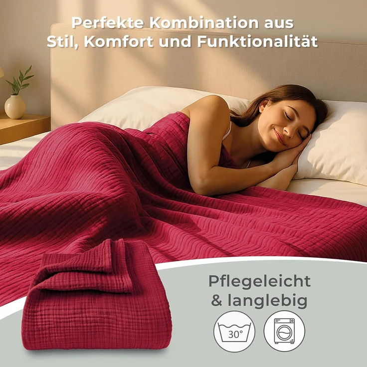 LAYNENBURG Premium Musselin Tagesdecke 220x240 cm XXL - 100% Baumwolle - extraweiche Baumwolldecke als Kuscheldecke, Bett-Überwurf, Sofa-Überwurf, Couch-Überwurf - warme Sofa-Decke (Bordeaux) – Bild 7