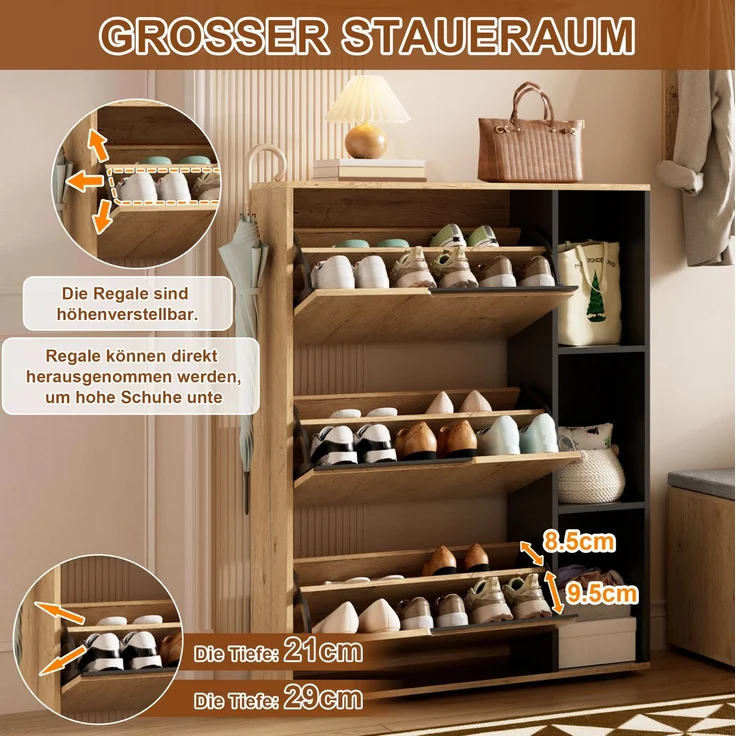 DESVIAE Garderobenschrank-Set Schwarz/Natur aus Spanplatte – 150x161,5x35 cm – Spiegel, Schuhbank, Haken – Bild 4