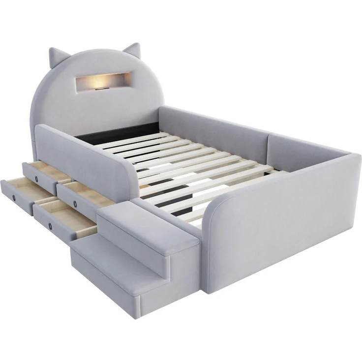 LVHOM Kinderbett 90x200cm mit Rausfallschutz, Polsterbett mit Nachtlicht, USB, Schubladen und Stufenbank, Samt, Hellgrau – Bild 3