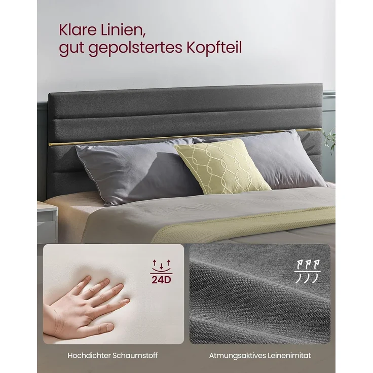 VASAGLE Doppelbettgestell, Bettgestell, passend für 160 x 200 cm Matratze, verstellbares gepolstertes Kopfteil, Bettrahmen, Metall, Massivholz – Bild 4