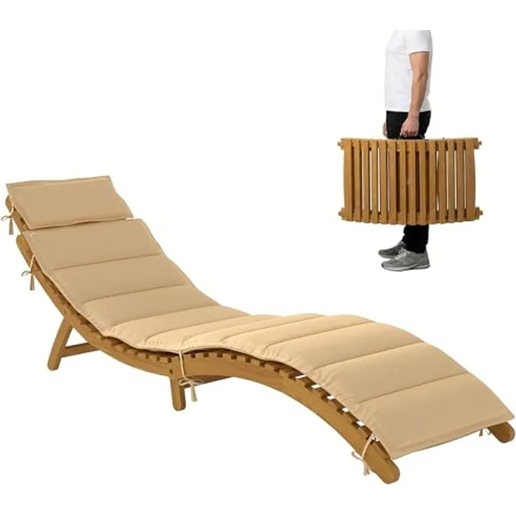 Outsunny Gartenliege Wetterfest Relaxliege mit Polsterung Kopfstütze Tragegriff, klappbarer Liegestuhl, 1 St, Sonnenliege, für Balkon, Terrasse, bis 120 kg belastbar, Beige, 183 x 54 x 63 cm