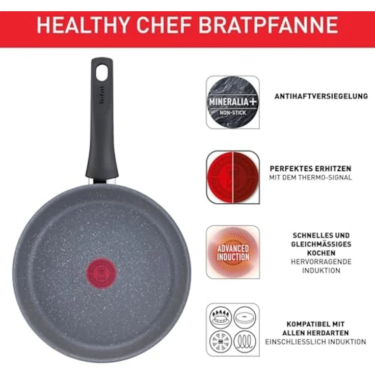 Tefal G15090 Healthy Chef 2-teiliges Pfannen-Set | 24 + 28 cm | Mineralia+ Antihaftversiegelung | Thermo-Signal Temperaturindikator | Made in France | induktionsgeeignet | spülmaschinenfest | Grau – Bild 2