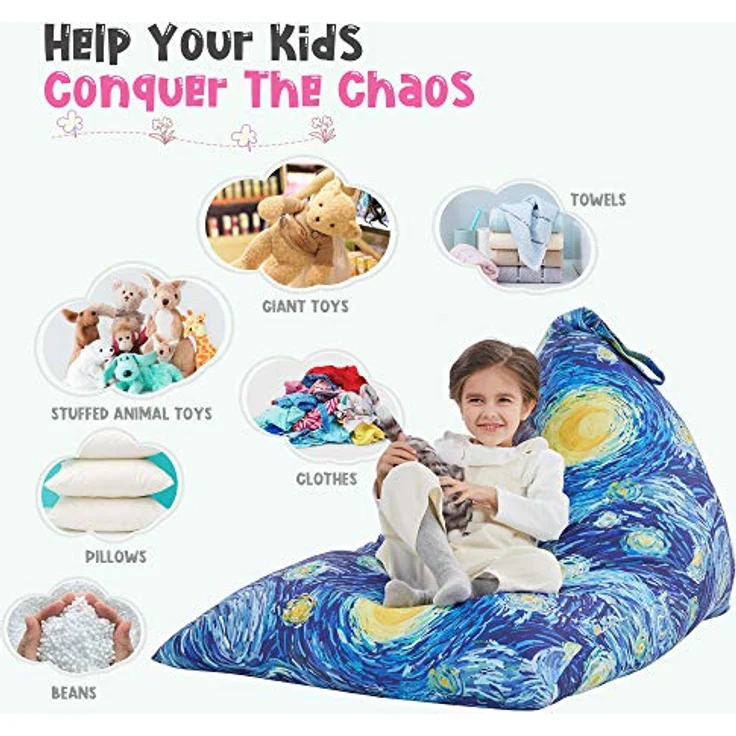 Nobildonna Sitzsack-Stuhlbezug für Kinder und Erwachsene, extra großer Sitzsack ohne Füllung, Plüschtierhalter und Organizer, Premium-Segeltuch, 250 l (Sternennacht) – Bild 7