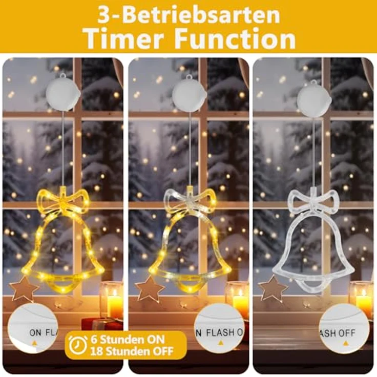OUILA 4er Set LED Weihnachtsdeko Fenster, Stern + Weihnachtsbaum + Glocke Weihnachtsstern Fenster Batterie und Timer Saugnapf Lichterkette für Fensterbeleuchtung Weihnachten Innen Weihnachtsgeschenke – Bild 4