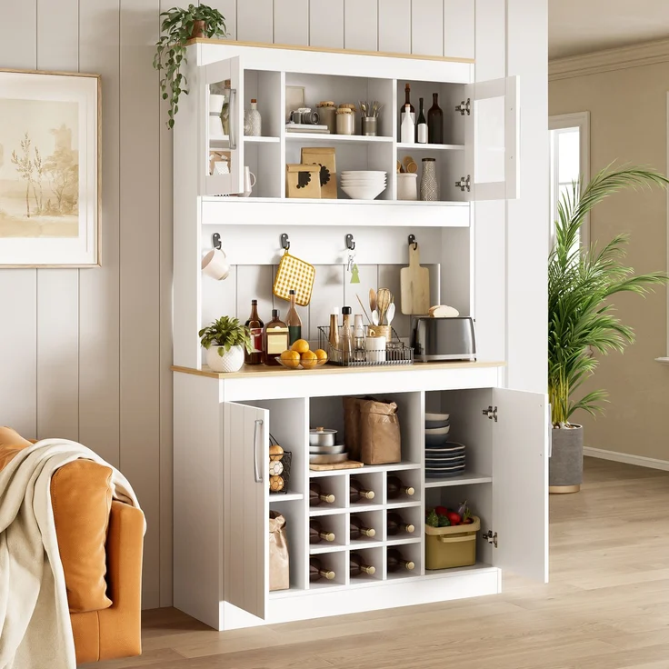 Merax 175cm Küchenbuffet Buffetschrank mit Aufsatz, Küchenschrank mit Glastüren, Weinregal und Hakenleiste, großer Geschirrschrank Vorratsschrank Küchenschrank, Weiß + Holzfarbe – Bild 2
