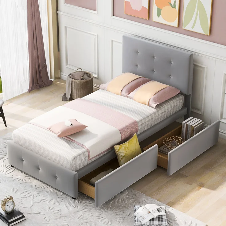 Polsterbett mit Stauraumschublade, Samtstoff, modernes Kinder- & Gästebett, robustes Lattenrost,Grau – Bild 2