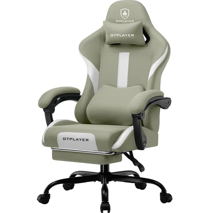 GTPLAYER Gaming Stuhl Bürostuhl Ergonomisch Gaming Sessel mit Kopfstütze und Cloud-Lendenkissen, Gepolstert Gaming Chair mit Fußstütze, Drehsessel,150kg Kapazität, Grün