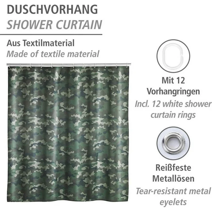 WENKO Duschvorhang Wannenvorhang Badewannenvorhang Camouflage Breite 180 cm, 180 x 200 cm mit 12 Duschvorhangringen – Bild 2