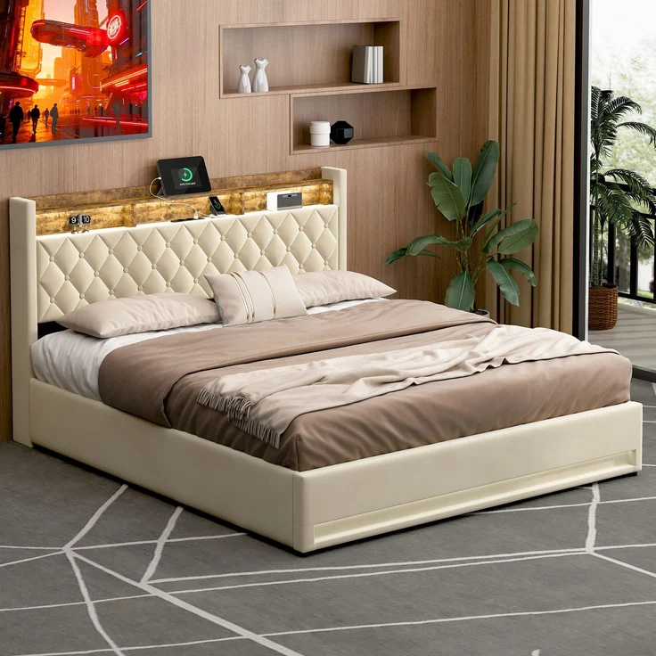 Polsterbett aus Samt mit hochelastischer Polsterung & Lattenrost, ohne Matratze, 180x200 cm, Beige – Bild 1