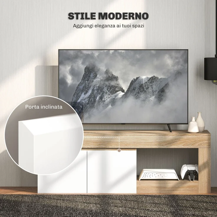 Moderner 60"-TV-Schrank mit 2 Türen und offenem Regal, 140 x 40 x 48 cm, Weiß und Holzoptik – Bild 6
