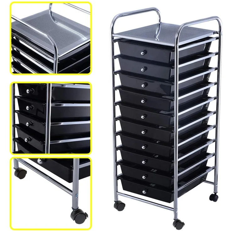 COSTWAY Rollwagen mit Schubladen Rollcontainer Badrollwagen Badtrolley Badregal Beistellwagen mit 10 stapelbaren Schubladen Metallgestell Schwarz – Bild 2
