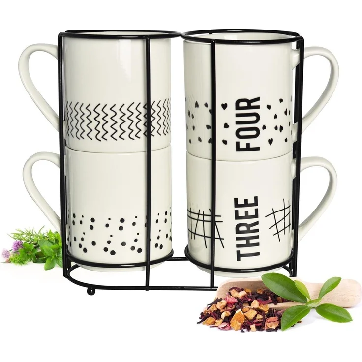 4 Kaffeebecher 300ml aus Porzellan mit Metallständer Kaffeetassen Becher Tasse Mug – Bild 5