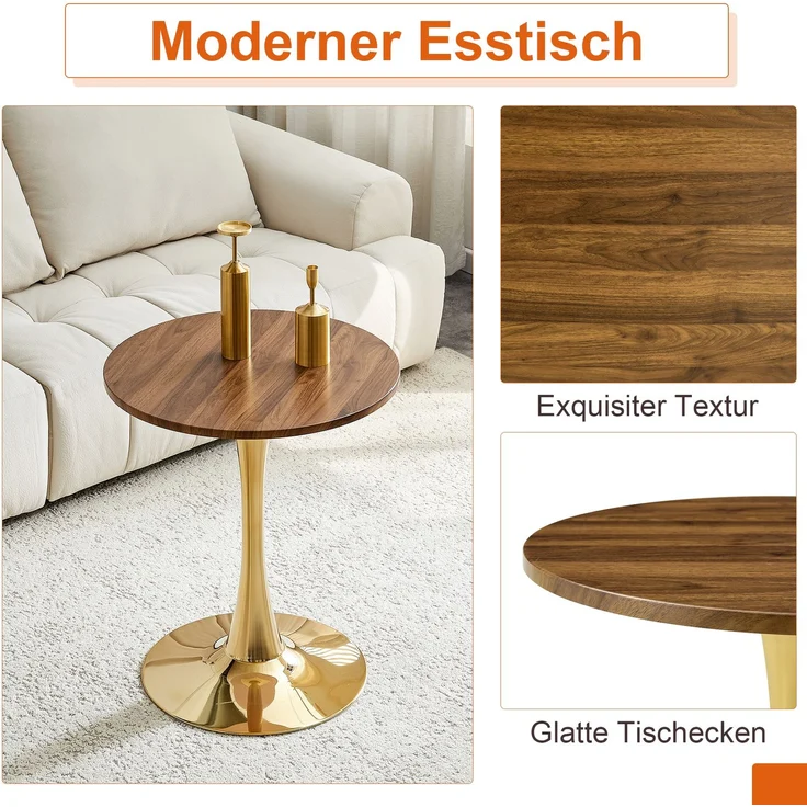 Couchtisch- und Stuhlset 60 cm – runder MDF-Tisch in Walnuss-Optik mit 2 schwarzen Stühlen, Metallgestell – Bild 9