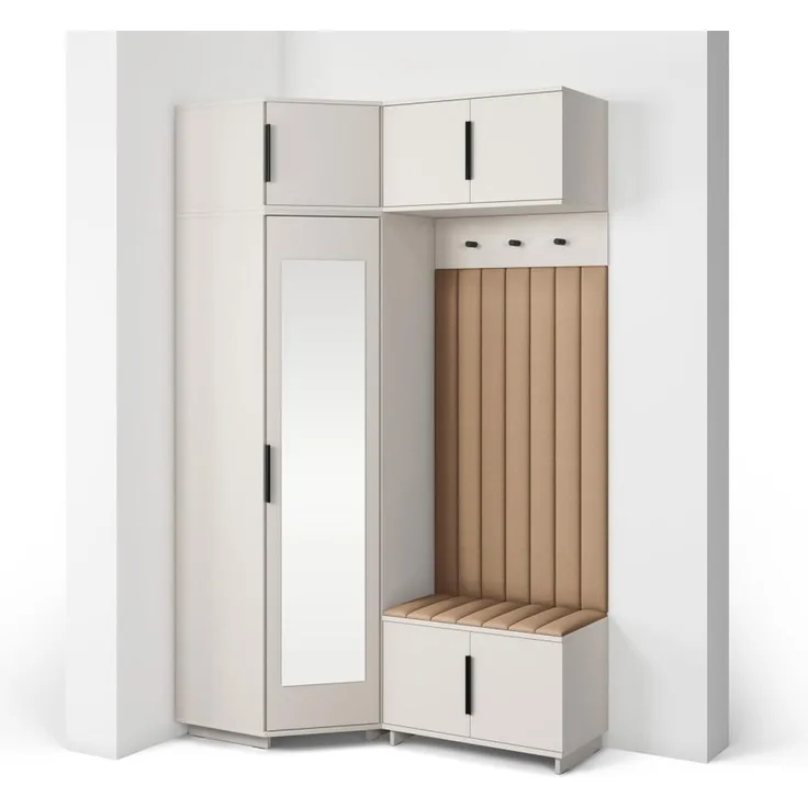 Garderoben-Set Napoli Version 23: Eckschrank mit Polsterpaneelen, Schuhschrank und Schrankaufsatz Flur und Eingangsbereich (Cashmere/Trinity 04), 229 x 70 x 140 cm