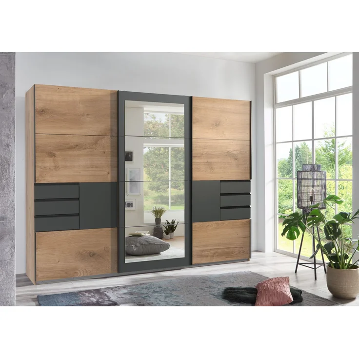 Schwebetürenschrank Kleiderschrank 270 cm Spiegel Schubladen Grafit Eiche Dekor – Bild 3