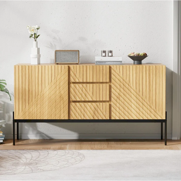DESVIAE Sideboard mit Schubladen und verstellbaren Regalböden, 150x75x40 cm, Spanplatte, Natur – Bild 2