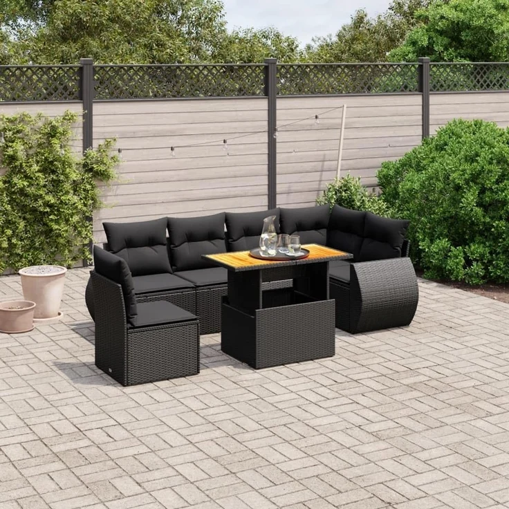 vidaXL 7-tlg. Garten-Sofagarnitur mit Kissen Schwarz Poly Rattan 3272217 – Bild 2