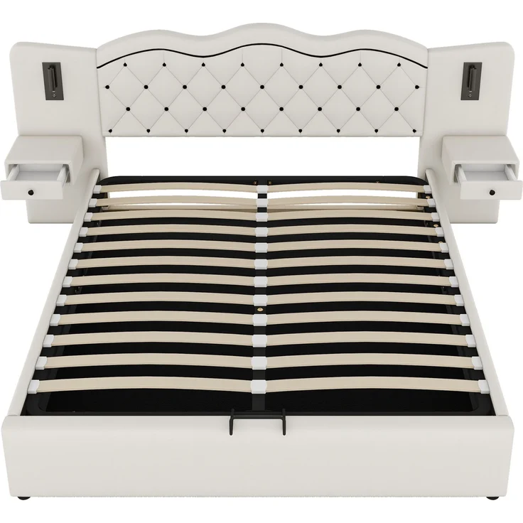 Polsterbett 180x200 cm, Doppelbett mit hydraulischem Hebemechanismus und Stauraum, integriertes Kopfteil mit Beleuchtung,Beige – Bild 8