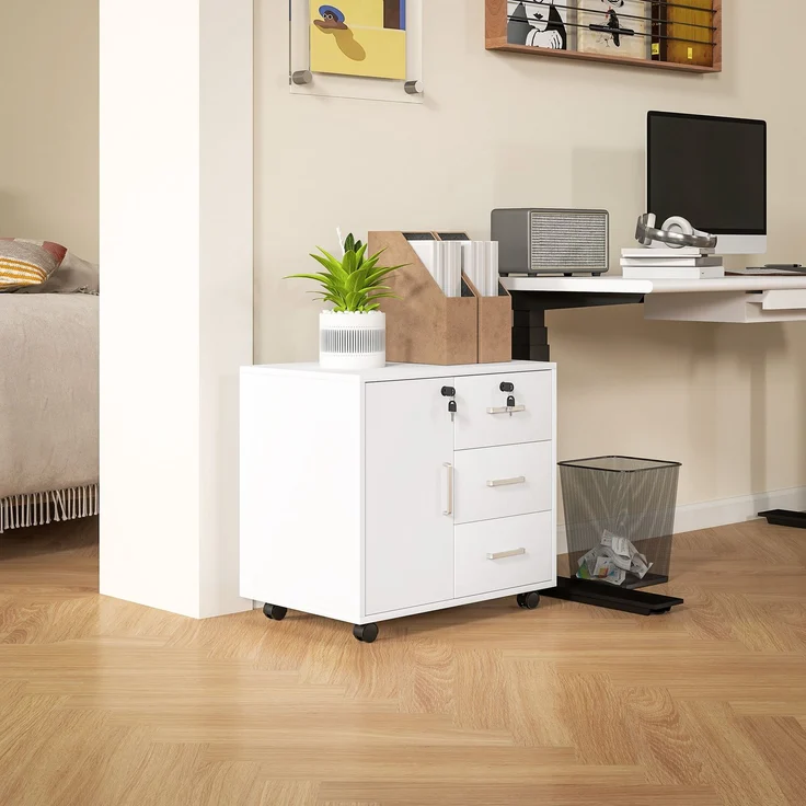 Schreibtisch-Aktenschrank mit 3 Schubladen und Schrank mit 3 verstellbaren Einlegeböden, aus Holz, 60 x 40 x 56 cm, Weiß – Bild 3