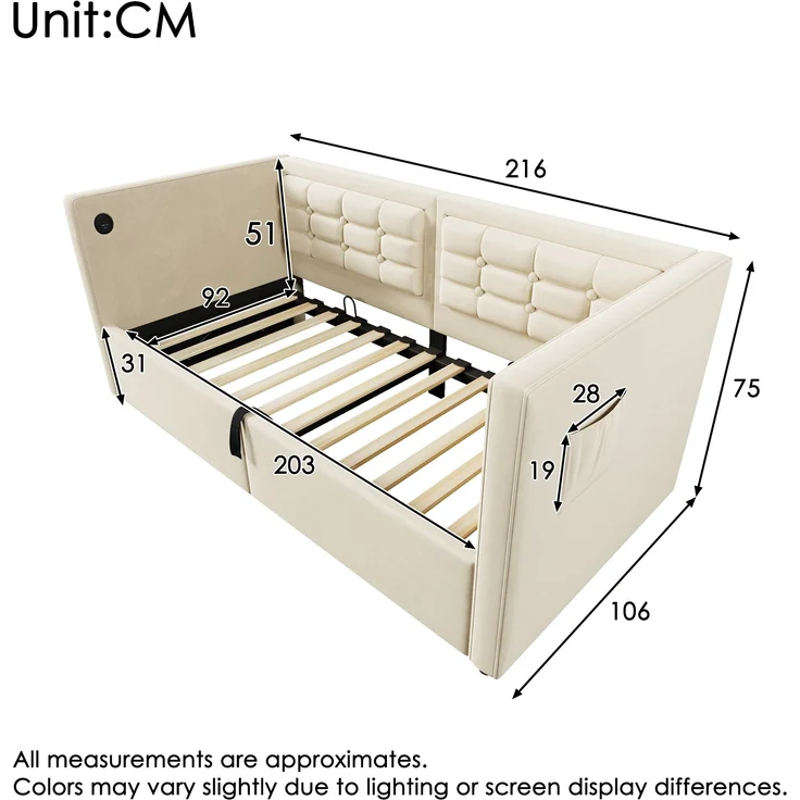 Polstertes Schlafsofa, Samt mit USB-Ladestation, 90x200 cm, Beige, ohne Matratze – Bild 8