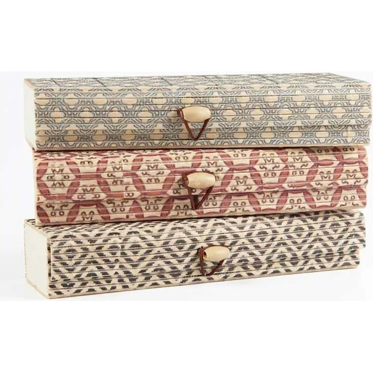 LS-LebenStil Aufbewahrungsbox Vintage Holz Schachtel 3´er Set Bambus mit Deckel Geschenkbox Box (Ikat länglich Geschenkbox schmale Schmuckschachtel, Schmuckschatulle, 3 St, Schmuckkästchen, Stiftebox, Federtasche Kästchen Kiste), Rechteckig
