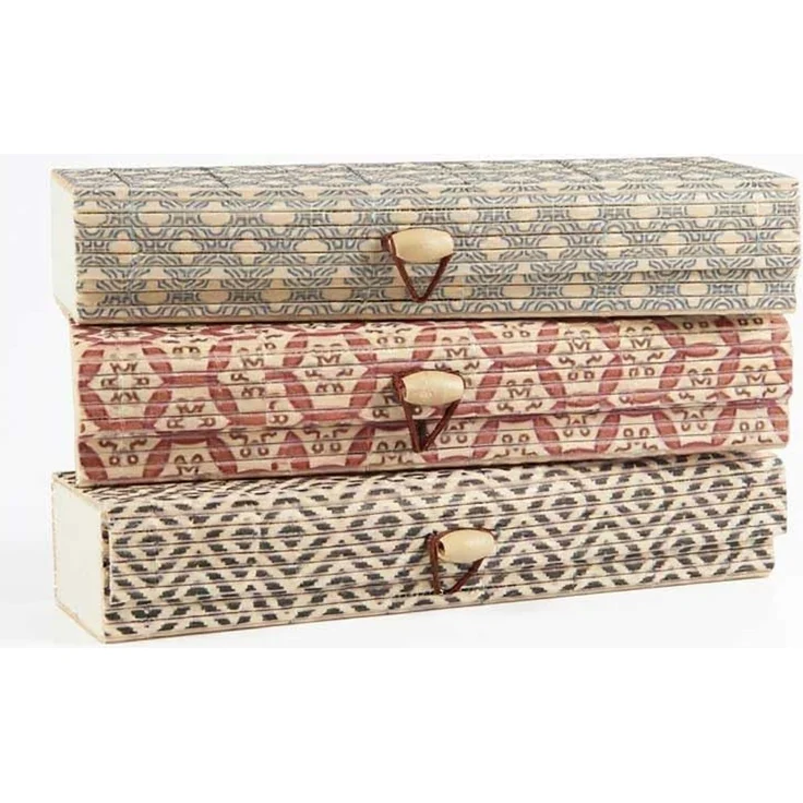 LS-LebenStil Aufbewahrungsbox Vintage Holz Schachtel 3´er Set Bambus mit Deckel Geschenkbox Box (Ikat länglich Geschenkbox schmale Schmuckschachtel, Schmuckschatulle, 3 St, Schmuckkästchen, Stiftebox, Federtasche Kästchen Kiste), Rechteckig – Bild 1