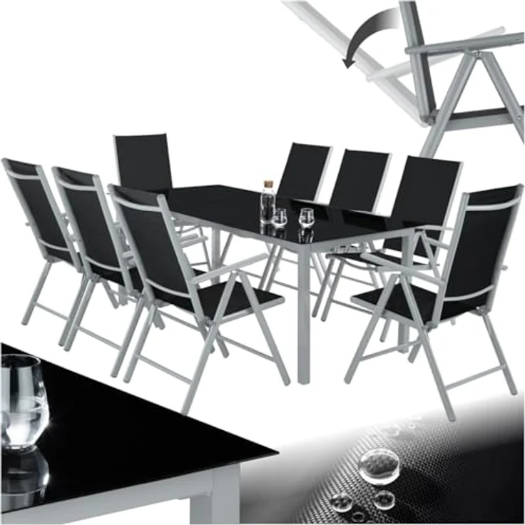 tectake® Aluminium Sitzgruppe 8+1, Gartenmöbel Set mit Stuhl und Tisch, klappbare Gartenstühle, Gartentisch mit Sicherheitsglas, wetterfeste Terrassenmöbel, für Garten Terrasse Balkon - Silber – Bild 2