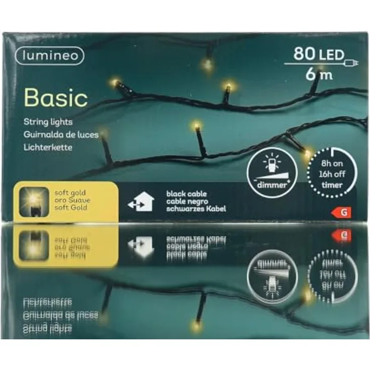 Lumineo LED-Lichterkette Lumineo Lichterkette BASIC 80 LED 6 m Soft Gold, schwarzes Kabel, Indoor/Outdoor, dimmbar, 8h-Timer, 5 m Zuleitung