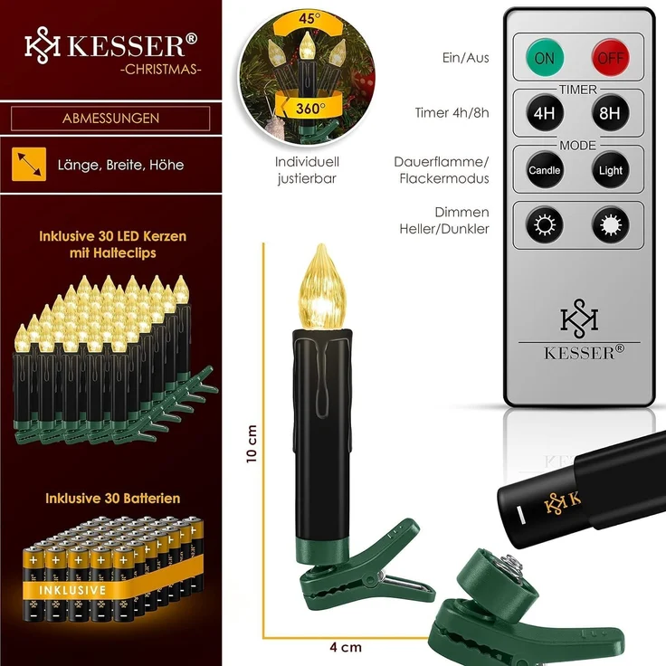 KESSER® Weihnachtsbaumkerzen 20 LED Inkl. Batterien Kabellos - Warmweiß - mit Fernbedienung Funk - Timerfunktion - Flackern - Dimmbar Weihnachtskerzen Christbaumkerzen Befestigungsklammern Kerzen Schwarz, 30 LED's – Bild 7