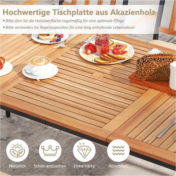 COSTWAY Gartentisch, mit Schirmloch, Akazienholz, 200x90cm Terrassentisch rechteckig – Bild 3