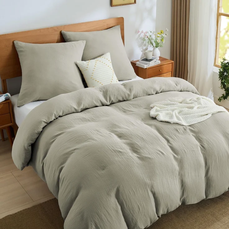 BEDELITE Musselin Bettwäsche 200x220 Baumwolle - Bettwäsche-Sets Sommer Taupe 3teilig mit Reißverschluss, Bettbezug 220x200 mit 2 Kissenbezüge 80x80 cm, weiche und atmungsaktiv