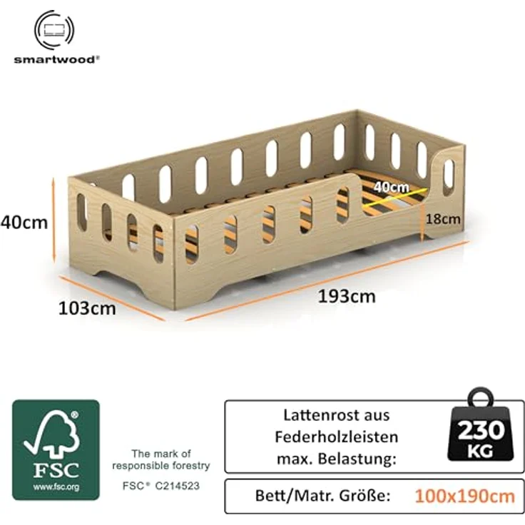 smartwood Kinderbett Bodenbett 100x190 mit Rausfallschutz & Lattenrost - Rosa - Kinder Montessori Bett TILA 2P mit glatten Kanten - Betten für schnelle Montage - Bis 230 kg belastbar – Bild 3