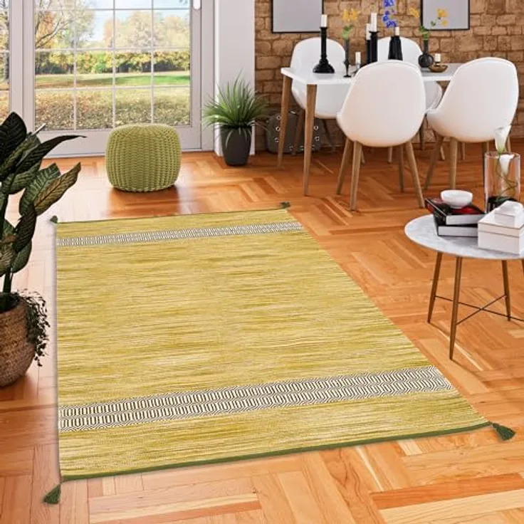 Pergamon Baumwolle Kelim Teppich, Rechteckig 90x160 cm, Grün, Handgewebt, Pflegeleicht