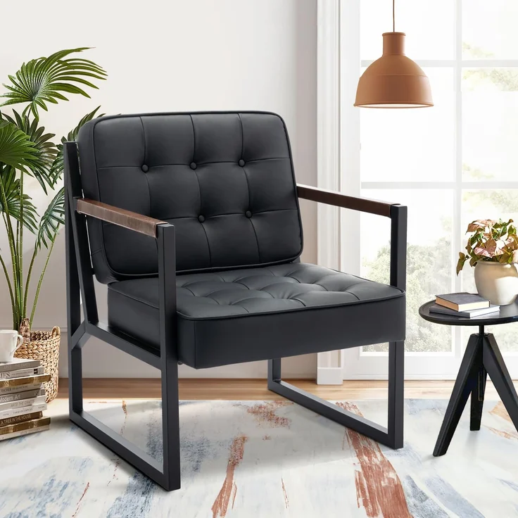 COLAMY Mid Century Moderner Akzentstuhl 1er Set, bequemer Wohnzimmersessel mit Metallbeinen, Kunstleder Empfangssessel für Wohnzimmer, Schlafzimmer, Empfangsbüro, Schwarz