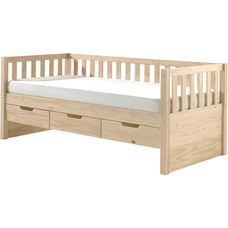 Kojen Bett Fritz mit Sprossenumrandung, 3 Schubladen u. Rolllattenrost, Liegefläche 90x200, Ausf. Milky White lackiert