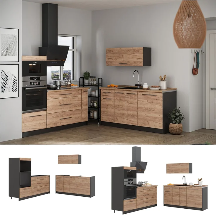 Küchenzeile Fame-Line Goldkraft Eiche/Anthrazit 340 cm, AP Marmor Vicco – Bild 4