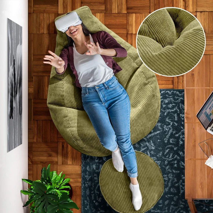 Green Bean® Sitzsack mit Hocker aus Cord - Sitzsäcke für das Wohnzimmer, Schlafzimmer, Sitzsack-Sessel für Erwachsene Grün – Bild 5