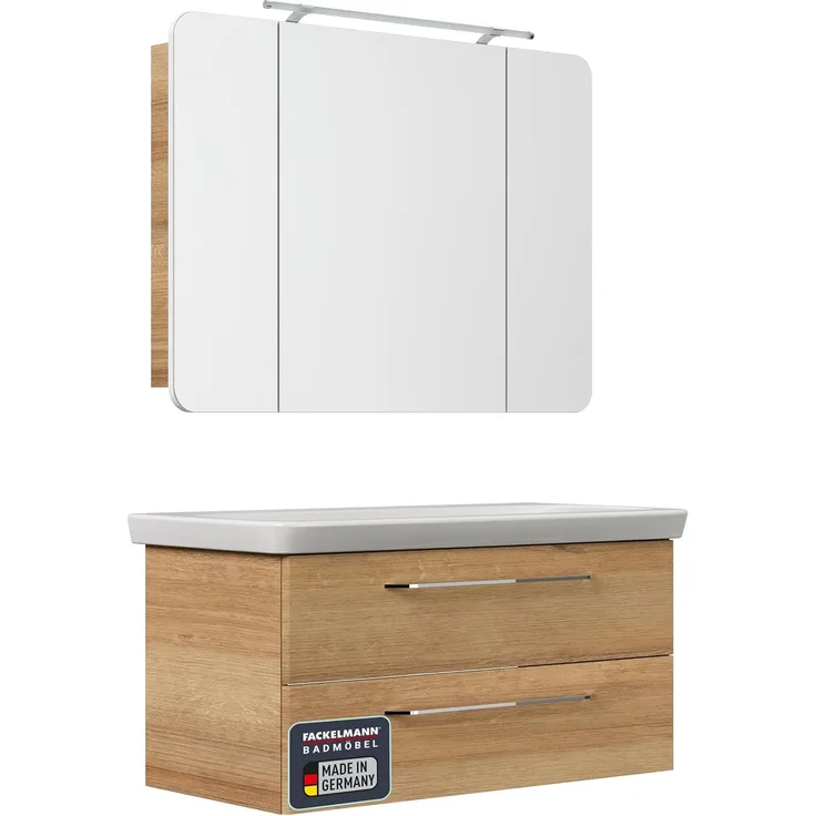 FACKELMANN MILANO Waschtisch Set mit Spiegelschrank 107 cm breit, Braun hell, Waschbecken Keramik Weiß