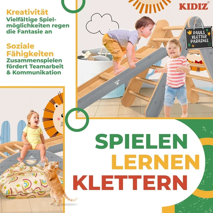 KIDIZ® Klettergerüst Montessori 7in1 Spiel-Set mit Kletterbogen Rutsche Kletterdreieck aus Holz inklusive Kissen, Tafel & Lern-Uhr | Indoor Spielplatz für Kleinkinder ab 1 Jahr & Kinder bis 3 Jahre Grau / Hellbraun – Bild 5