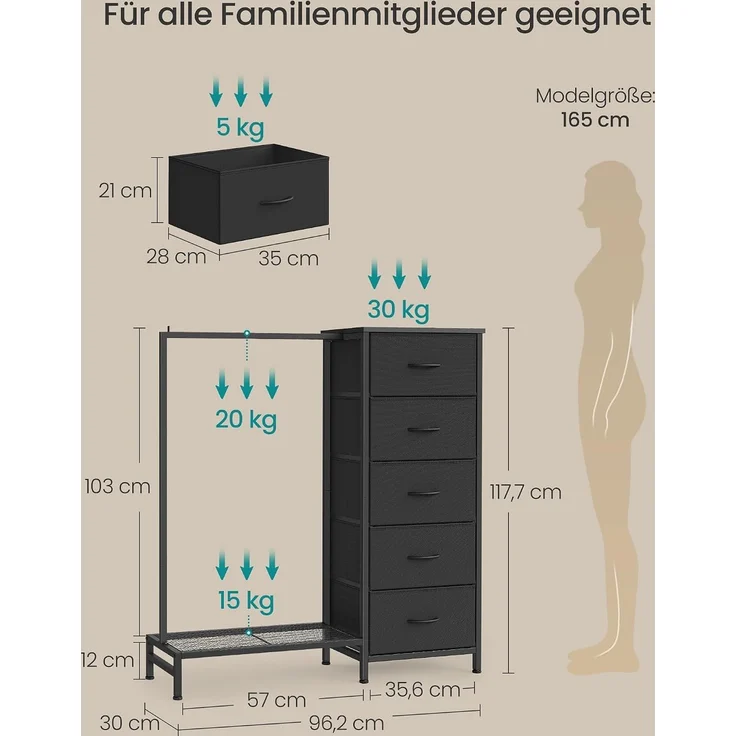 SONGMICS 3-in-1 Garderobenständer mit 5 Schubladen und Kleiderstange, 96,2 x 30 x 117,7 cm, Schwarz – Bild 2