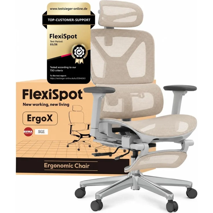 FLEXISPOT Ergonomischer Bürostuhl ErgoX Beige | 3D-Armlehnen, 3D-Kopfstütze, 5D-verstellbare Rückenlehne, Atmungsaktiver Sitz Belastbar bis 136 kg Arbeitsstuhl
