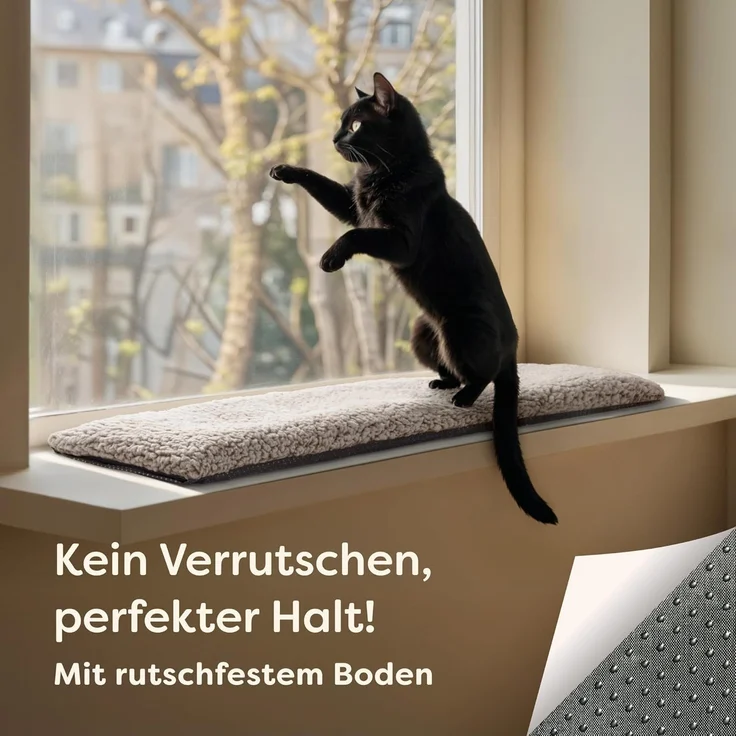 Katzen Fensterliege Fensterbank rutschfest - Selbstwärmende Katzenmatte für Fenster 90x28 cm - Weich & Kuschelig - Waschbarer Bezug (Grau) – Bild 4