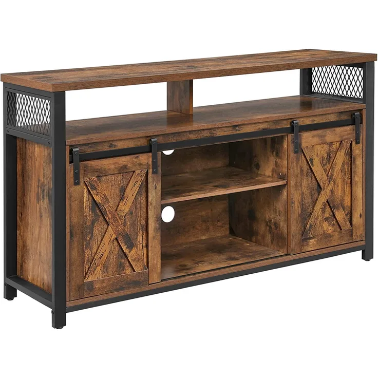 VASAGLE TV-Schrank, Fernsehtisch mit 2 Schiebetüren, TV-Regal für Fernseher bis zu 60 Zoll, Fernsehschrank mit verstellbaren Ablagen, Industrie-Design, vintagebraun-schwarz LTV46BX