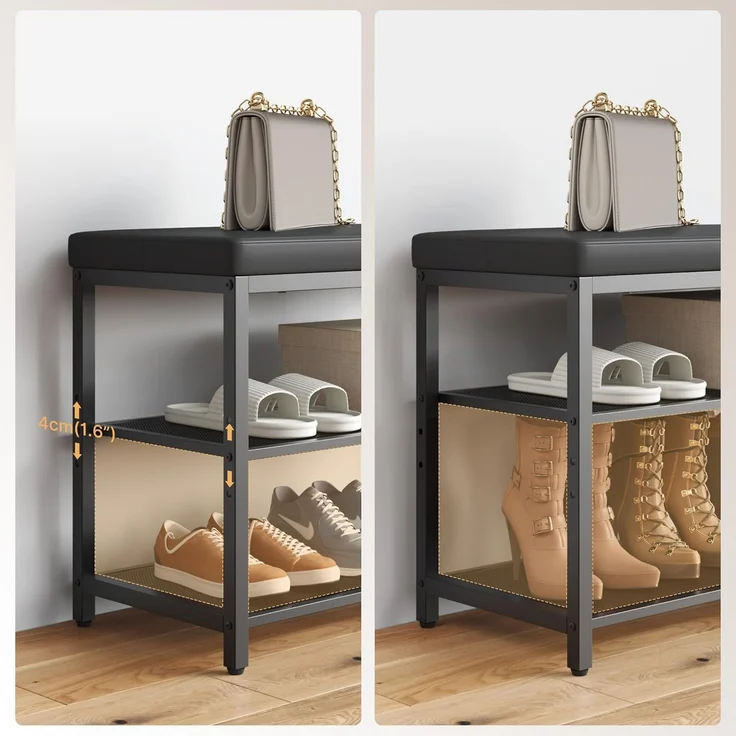 Mondeer Schuhbank mit Gepolsterter Sitzfläche, Schuhregal mit 2 Gitterablagen Höhenverstellbar Platzsparend Industriestil, für Eingang Flur Schlafzimmer, 60 x 30 x 50 cm, Schwarz – Bild 4